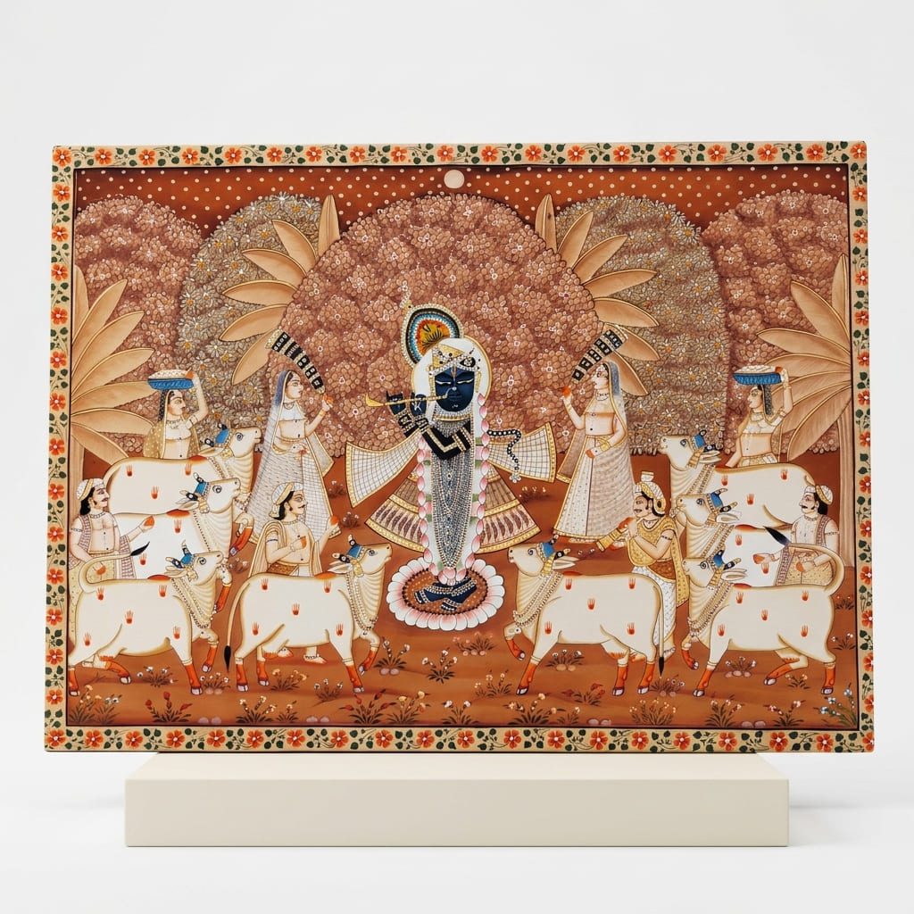 Shrinathji with Flute & Gau Seva – Traditional Handmade Pichwai Painting